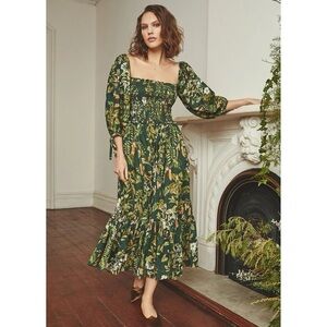 NEW Cara Cara Jazzy Midi Dress (Sz S) Smocked Botanical Birds Emerald Green